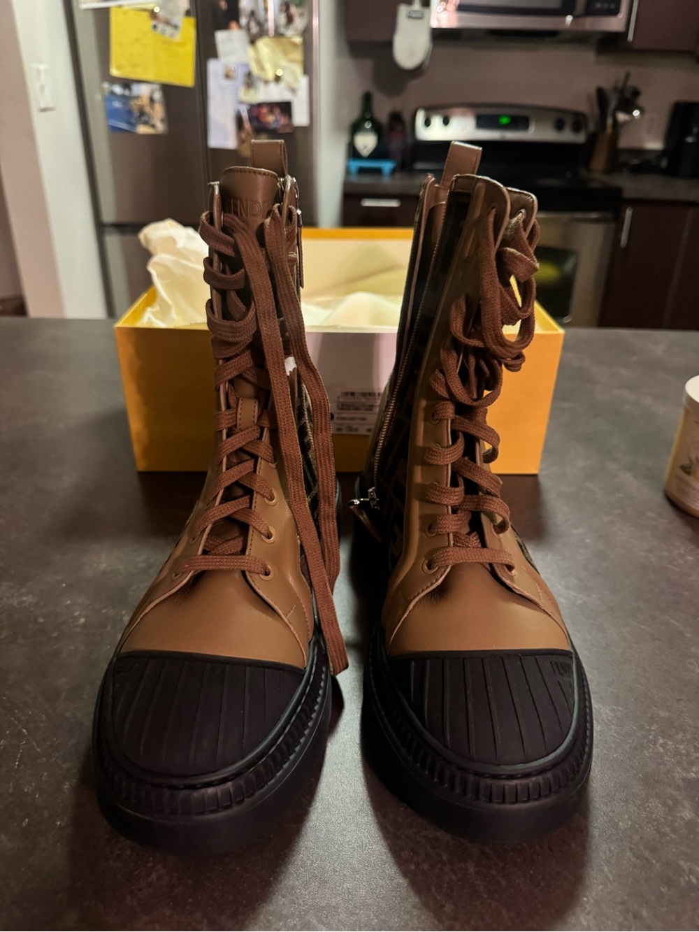 Fendi Brown and Black Lace-Up High-Top Boots